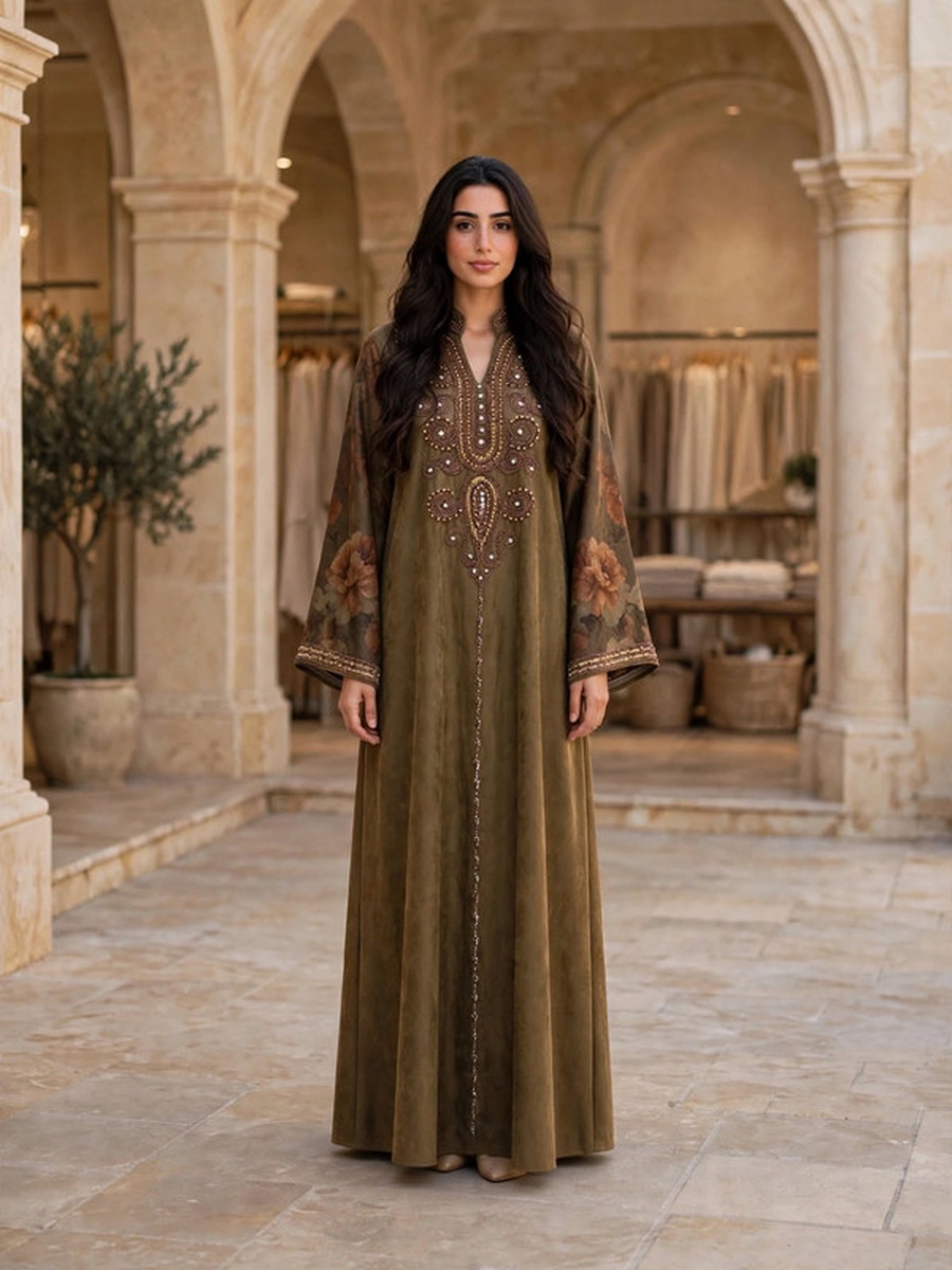 Beaded and Crystal Embroidered Suede Winter Wear Jalabiya