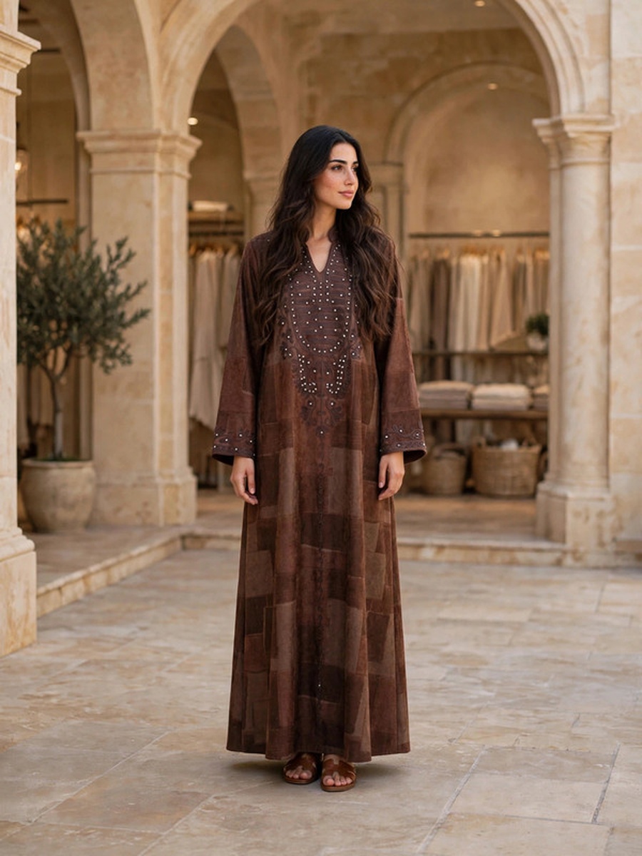 Crystal Embellished Suede Winter Wear Jalabiya
