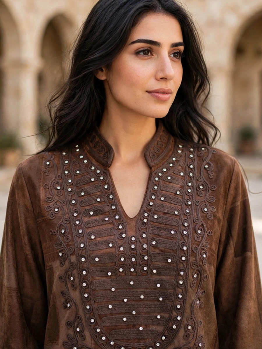 Crystal Embellished Suede Winter Wear Jalabiya