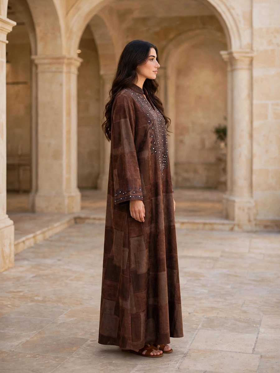 Crystal Embellished Suede Winter Wear Jalabiya