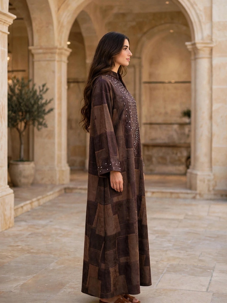 Crystal Embellished Suede Winter Wear Jalabiya