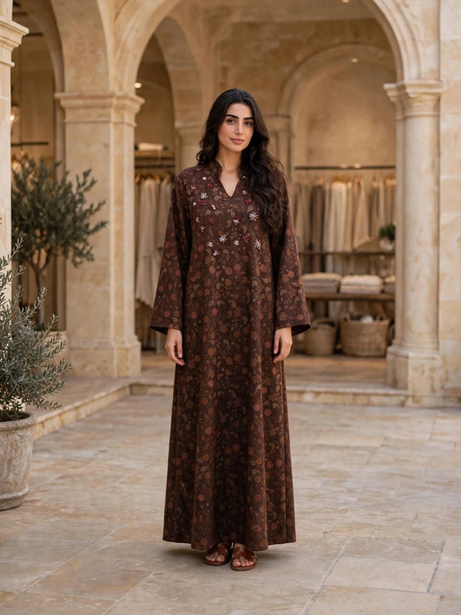 Floral Crystal Embellished Suede Winter Wear Jalabiya