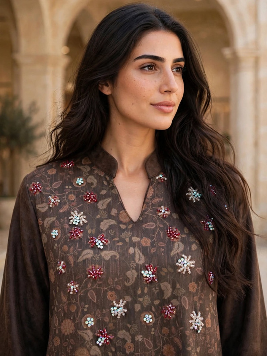 Floral Crystal Embellished Suede Winter Wear Jalabiya