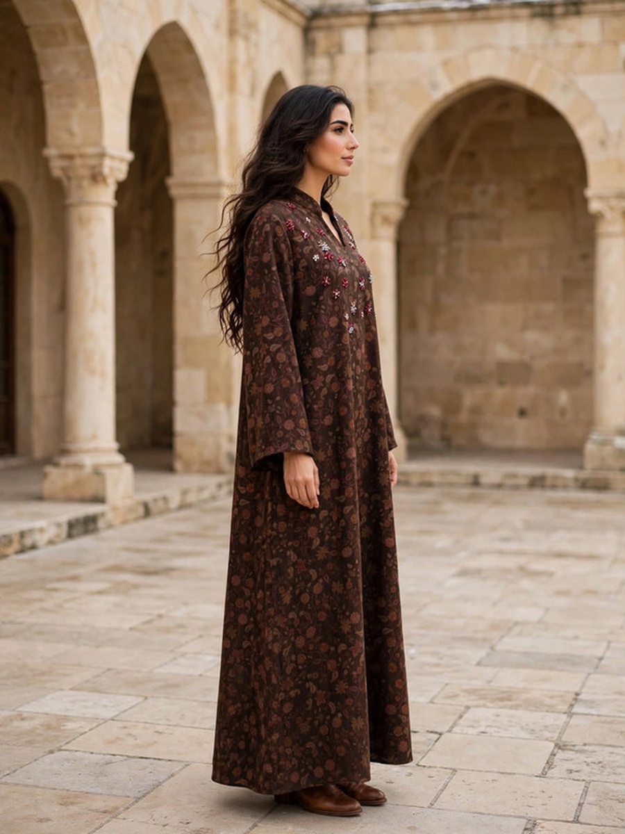 Floral Crystal Embellished Suede Winter Wear Jalabiya