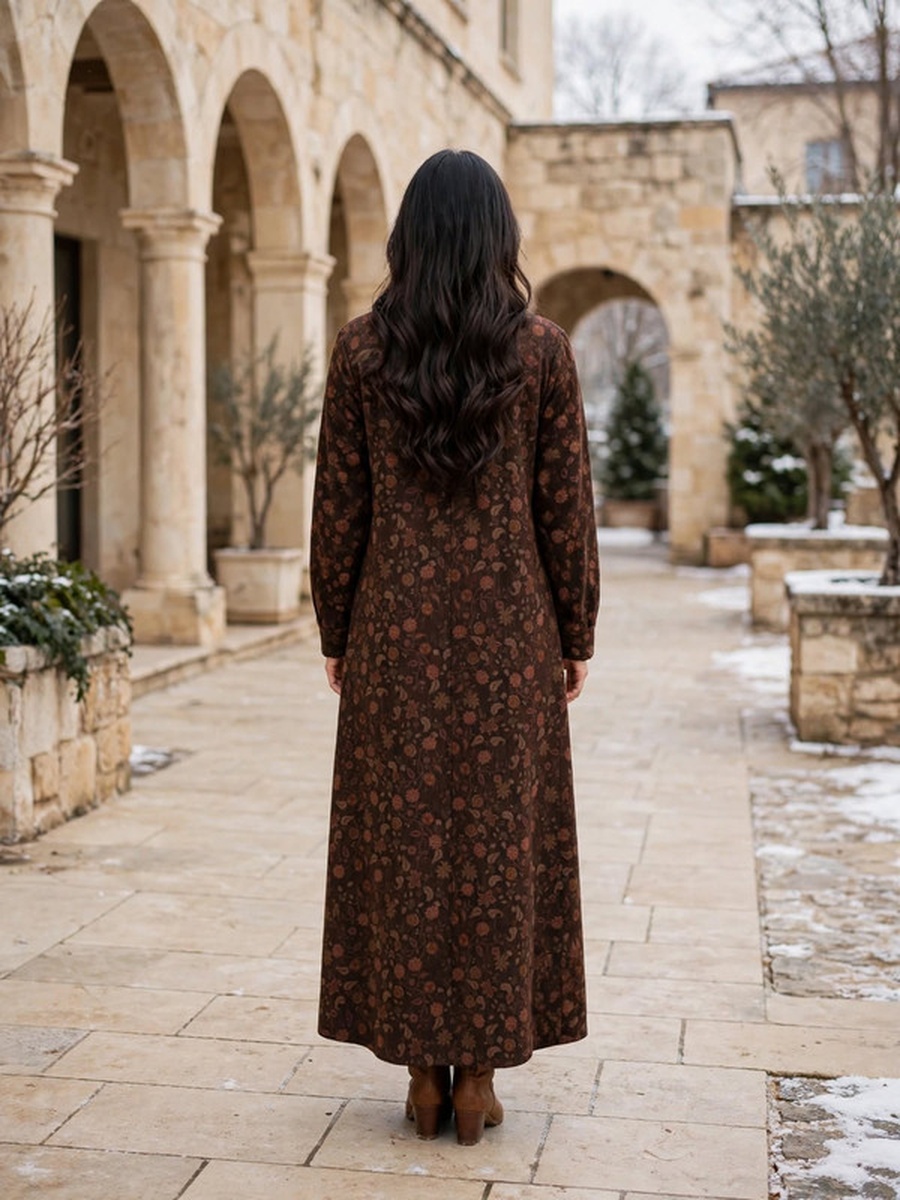 Floral Crystal Embellished Suede Winter Wear Jalabiya