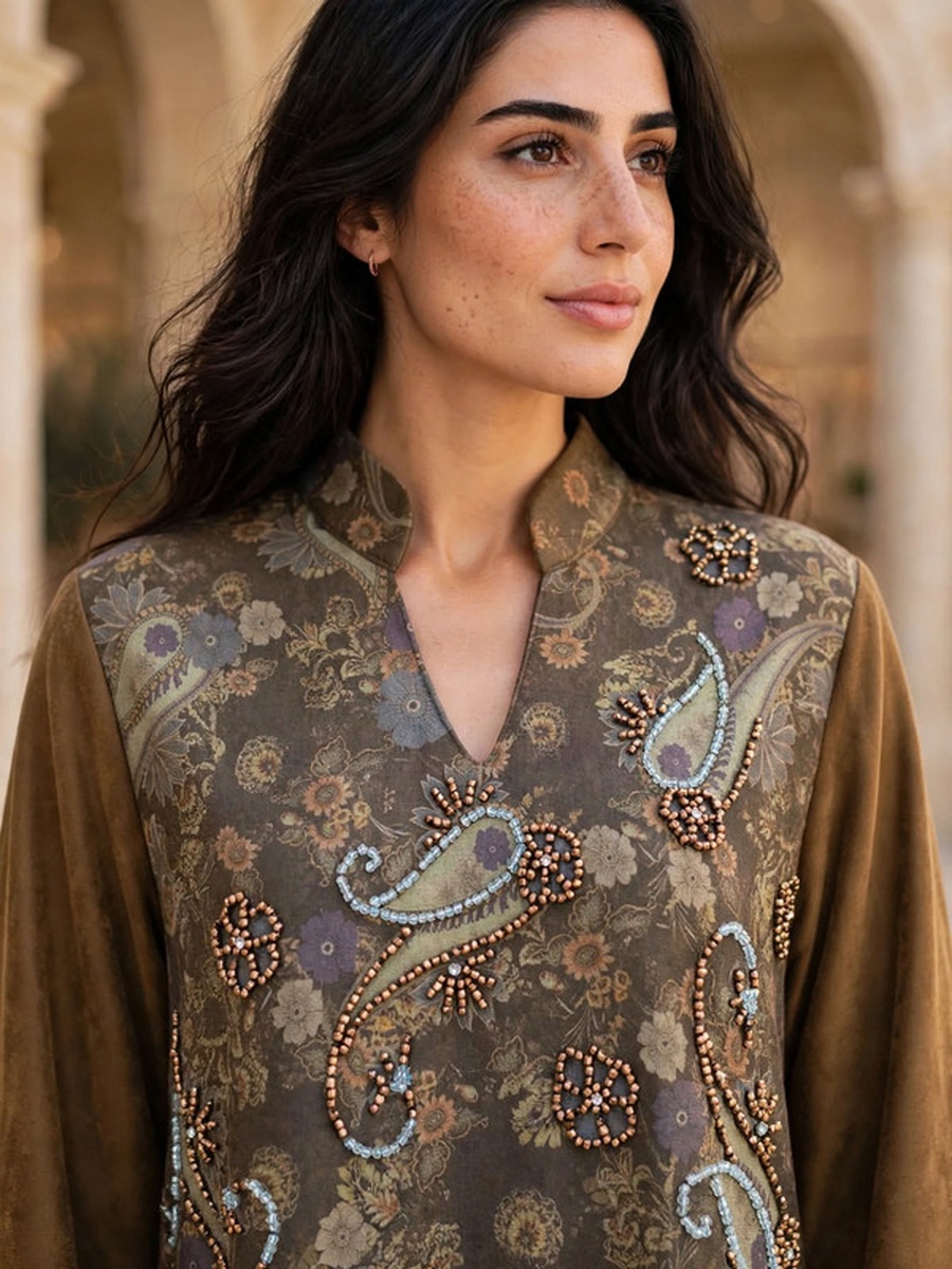 Paisley Beaded Suede Winter Wear Jalabiya