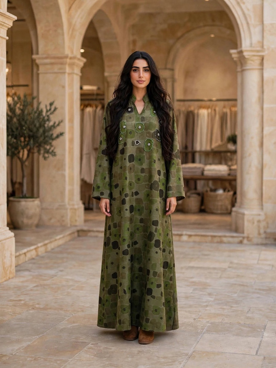 Geometric Mosaic Beaded Suede Winter Wear Jalabiya