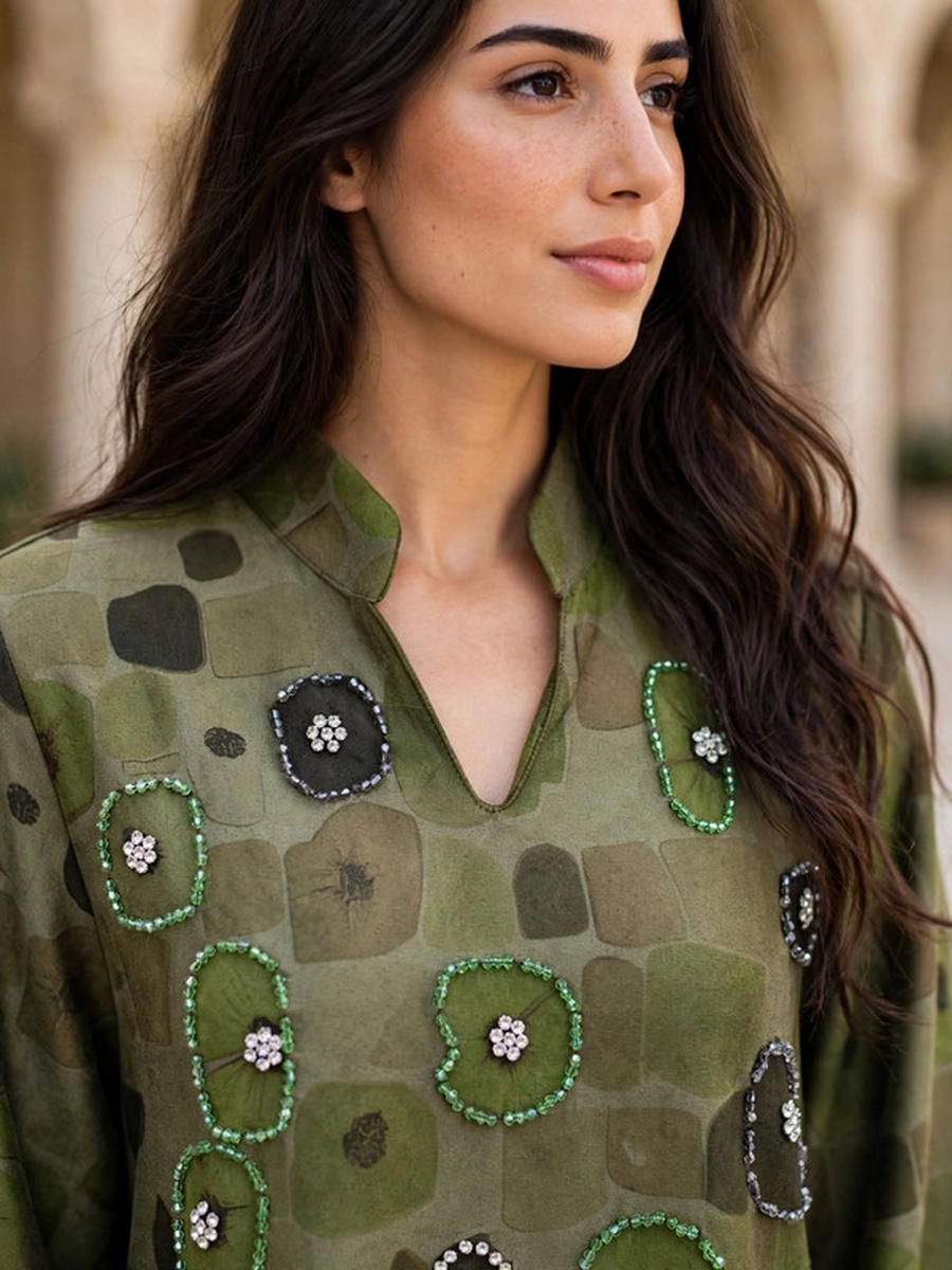 Geometric Mosaic Beaded Suede Winter Wear Jalabiya