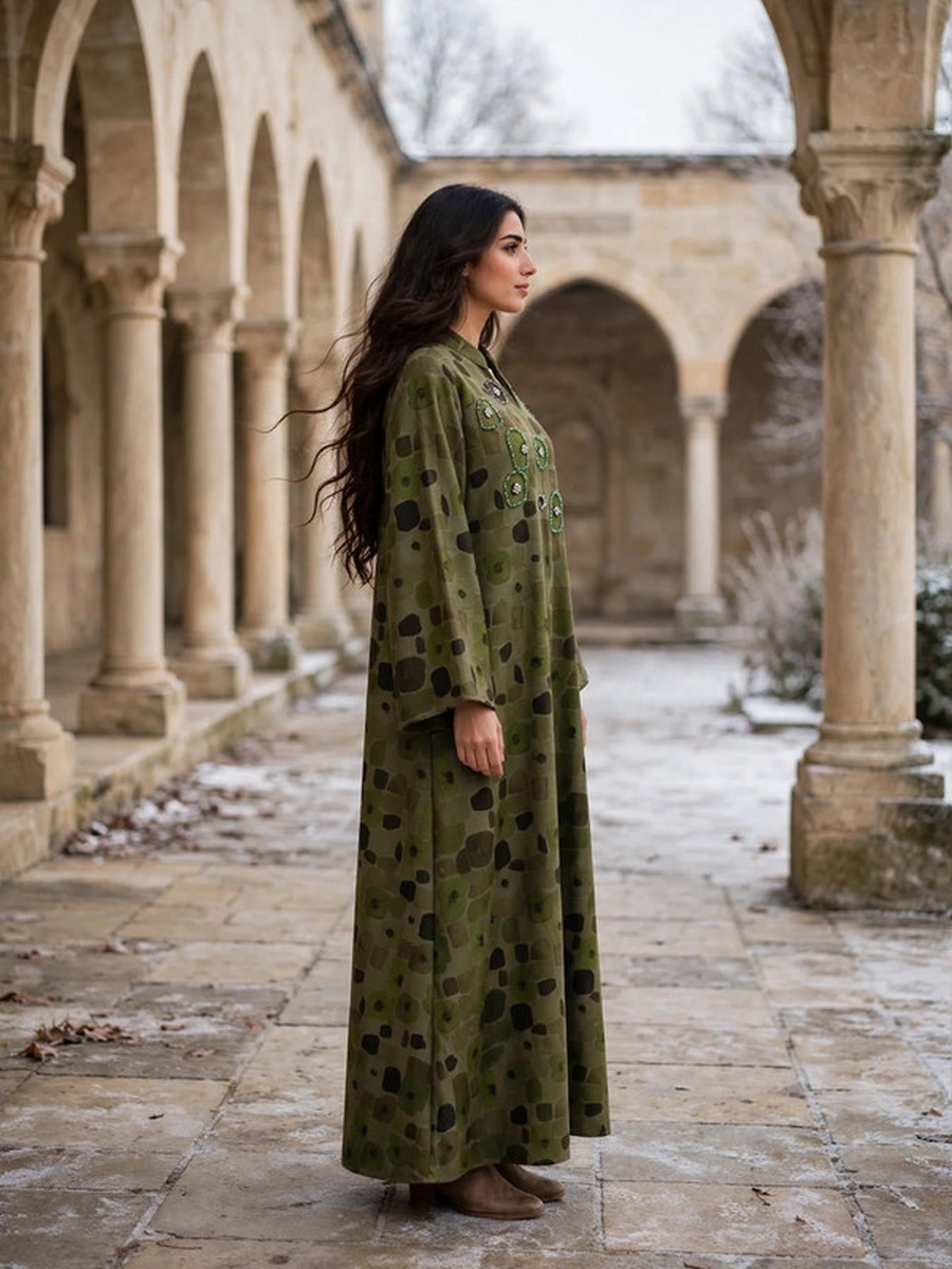 Geometric Mosaic Beaded Suede Winter Wear Jalabiya