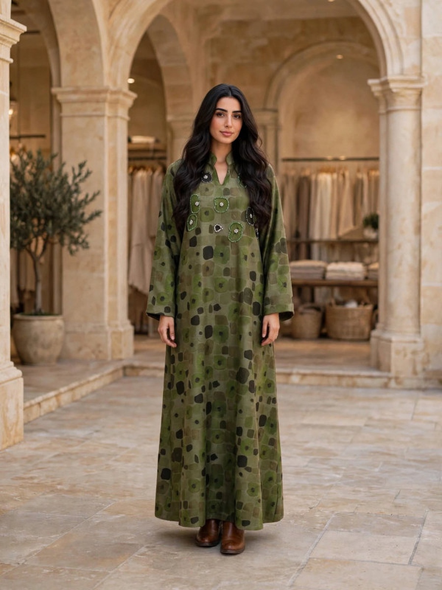Geometric Mosaic Beaded Suede Winter Wear Jalabiya