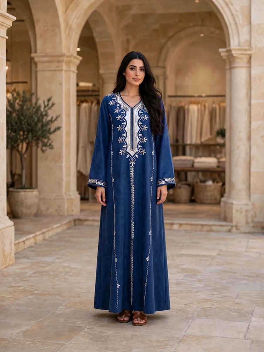 Silver Sequin and Floral Embroidered Suede Winter Wear Jalabiya