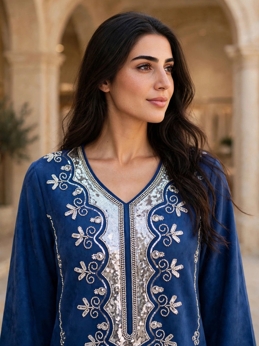 Silver Sequin and Floral Embroidered Suede Winter Wear Jalabiya