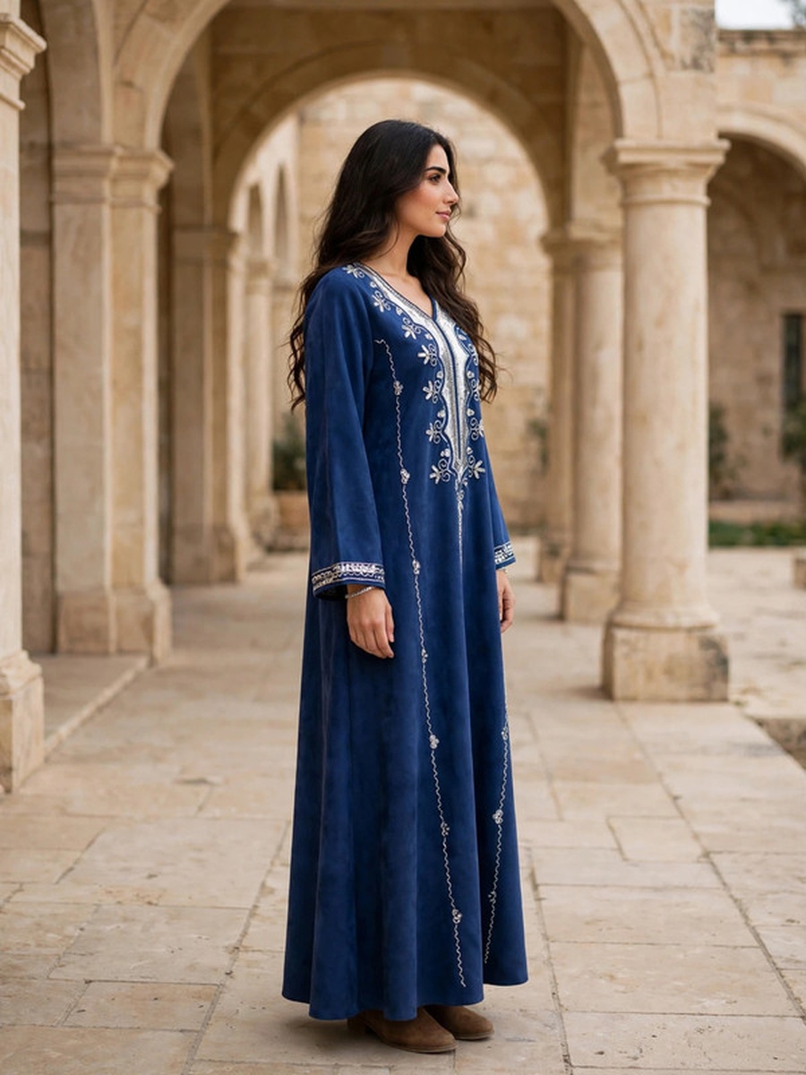 Silver Sequin and Floral Embroidered Suede Winter Wear Jalabiya