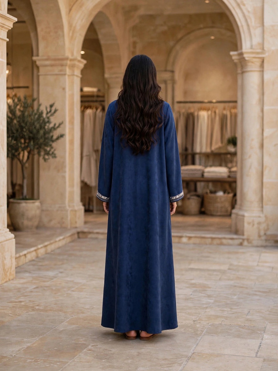 Silver Sequin and Floral Embroidered Suede Winter Wear Jalabiya