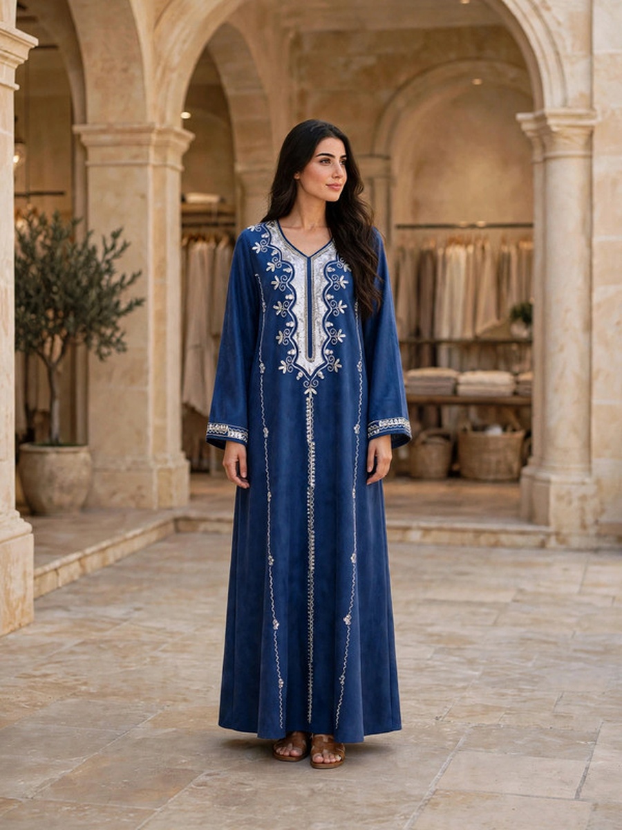 Silver Sequin and Floral Embroidered Suede Winter Wear Jalabiya