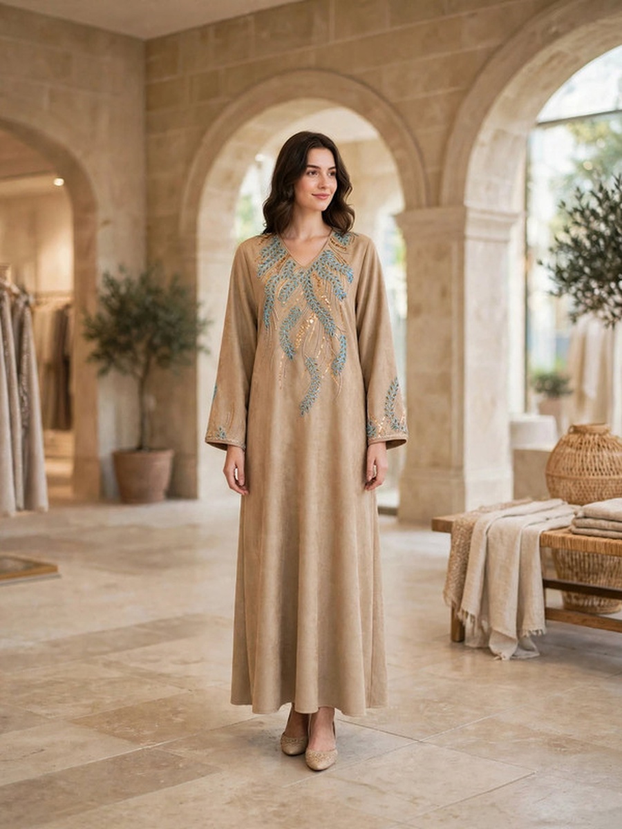 Feather Motif Beaded Suede Winter Wear Jalabiya