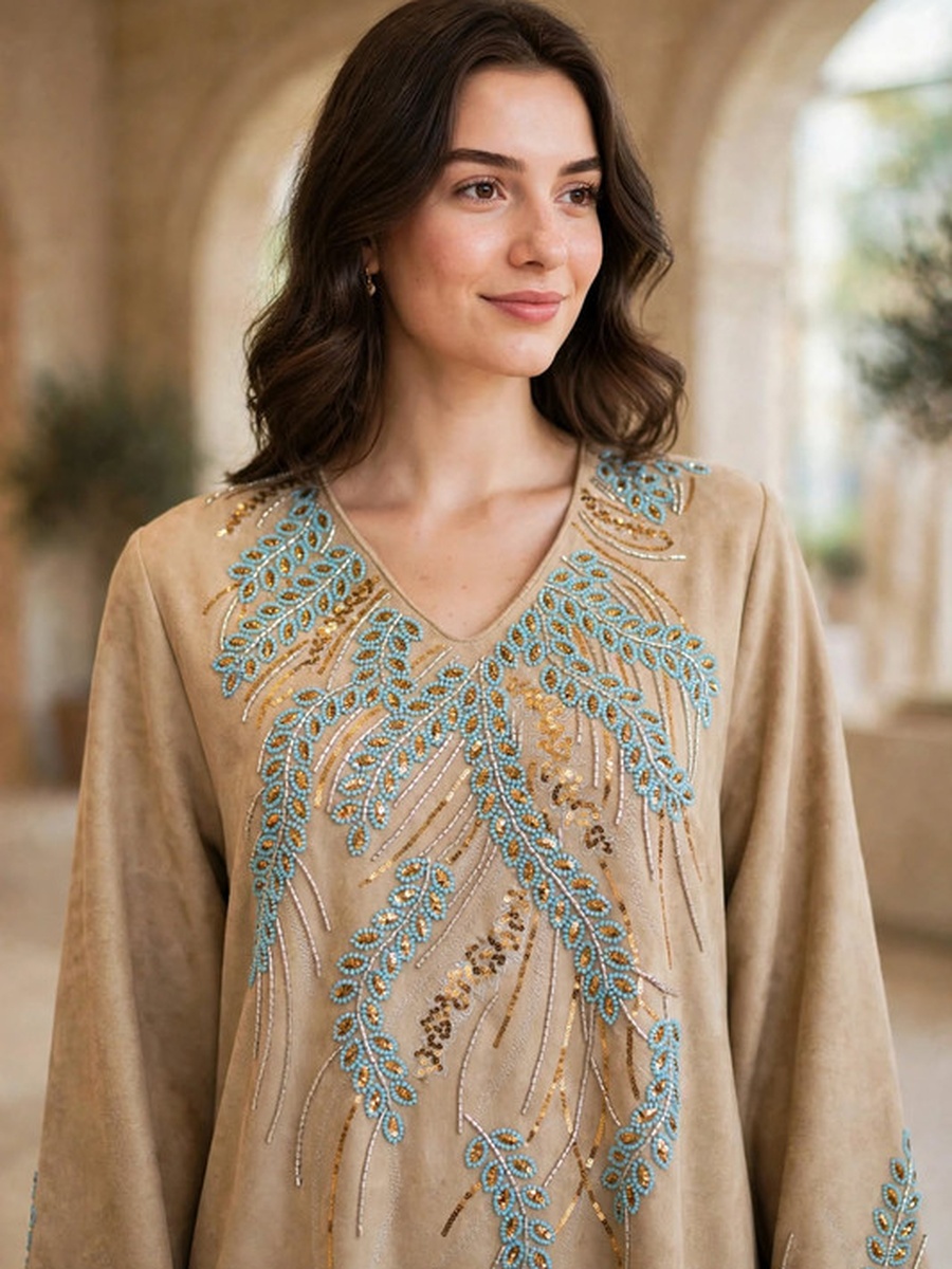 Feather Motif Beaded Suede Winter Wear Jalabiya