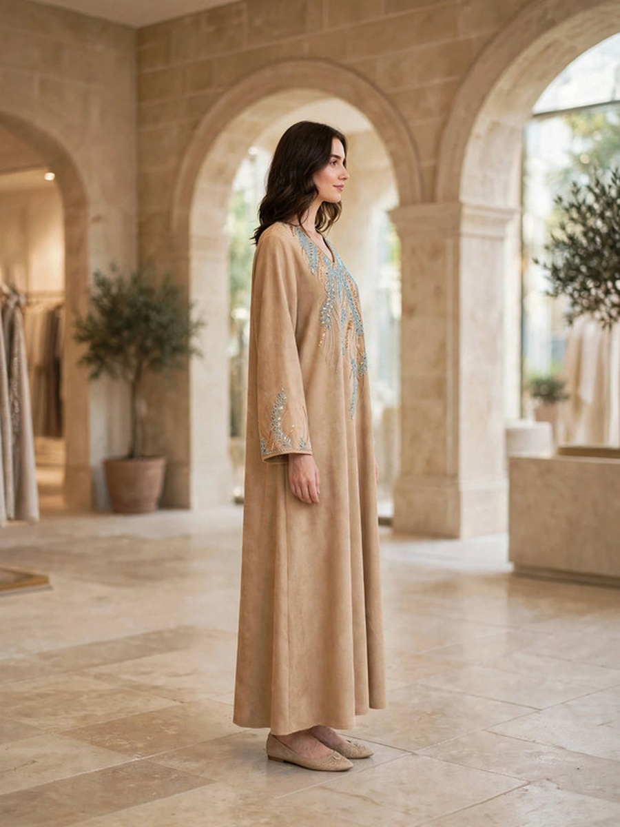 Feather Motif Beaded Suede Winter Wear Jalabiya