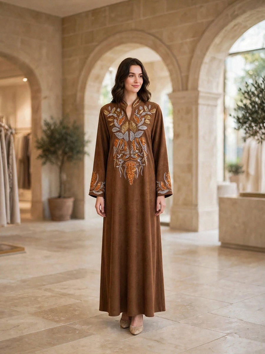 Leaf Motif Beaded Suede Winter Wear Jalabiya