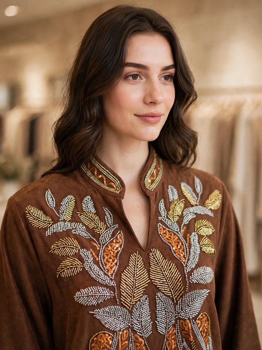 Leaf Motif Beaded Suede Winter Wear Jalabiya