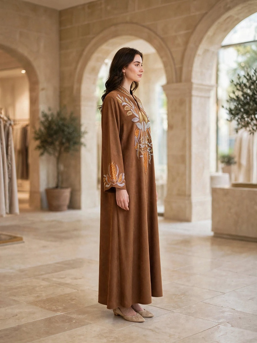 Leaf Motif Beaded Suede Winter Wear Jalabiya