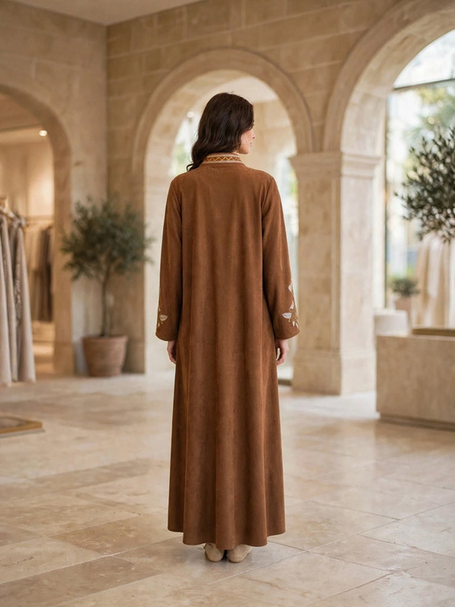 Leaf Motif Beaded Suede Winter Wear Jalabiya