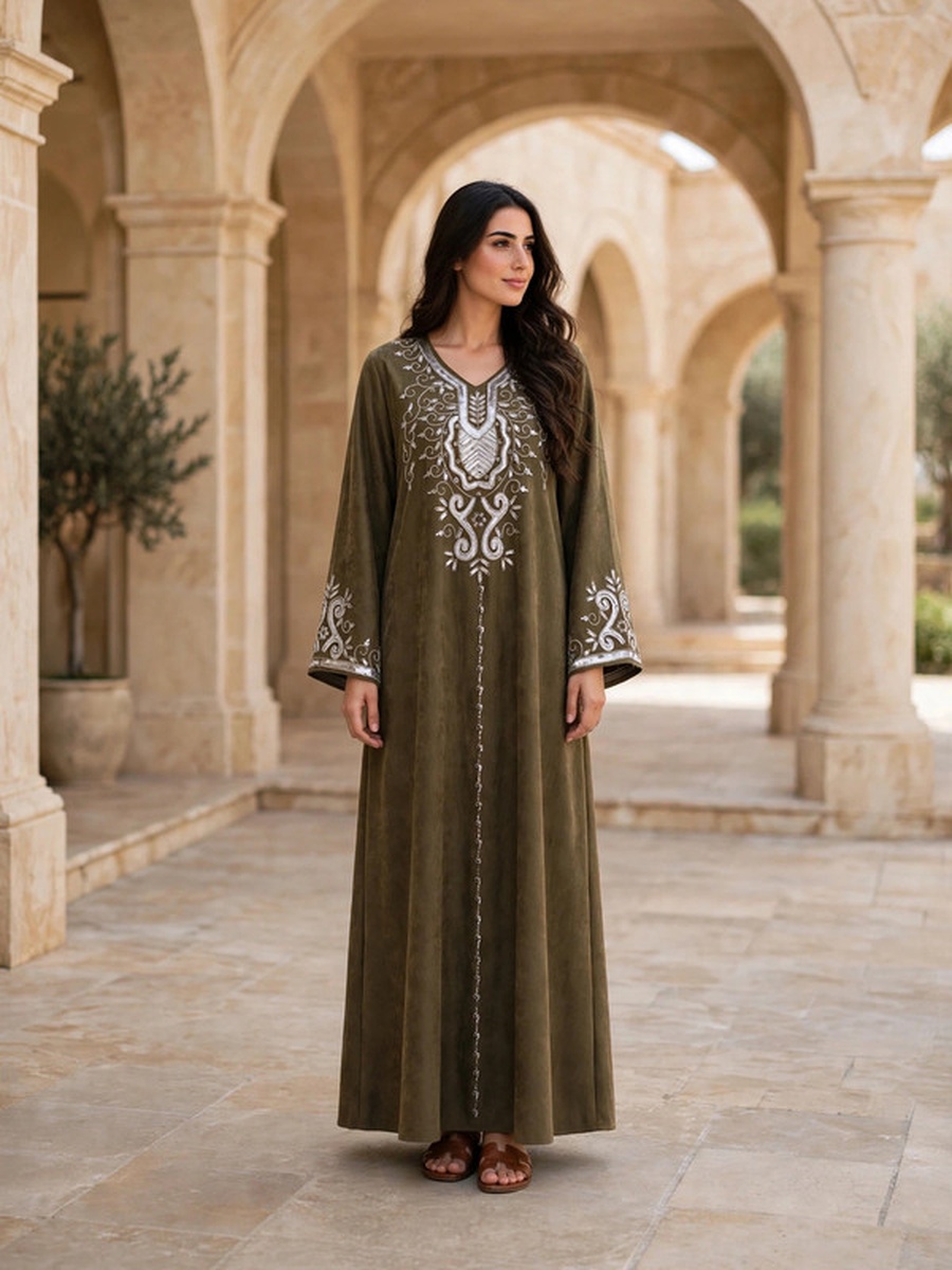 Metallic Sequin and Thread Embroidered Suede Winter Wear Jalabiya