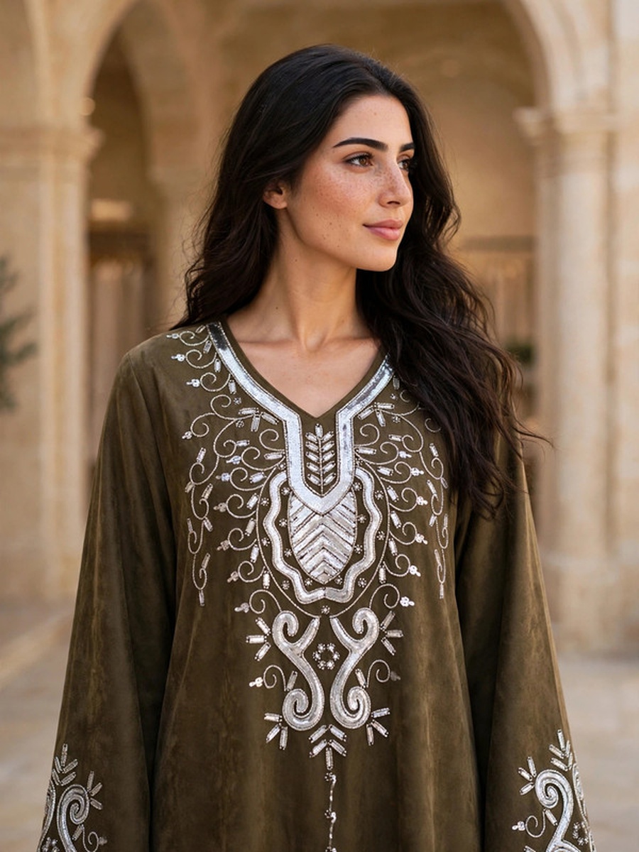 Metallic Sequin and Thread Embroidered Suede Winter Wear Jalabiya