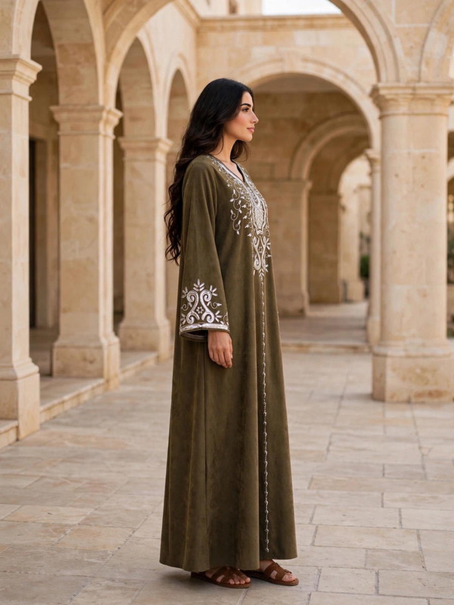 Metallic Sequin and Thread Embroidered Suede Winter Wear Jalabiya