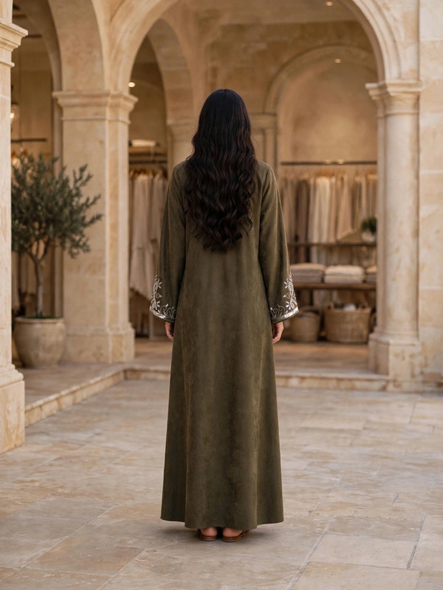 Metallic Sequin and Thread Embroidered Suede Winter Wear Jalabiya