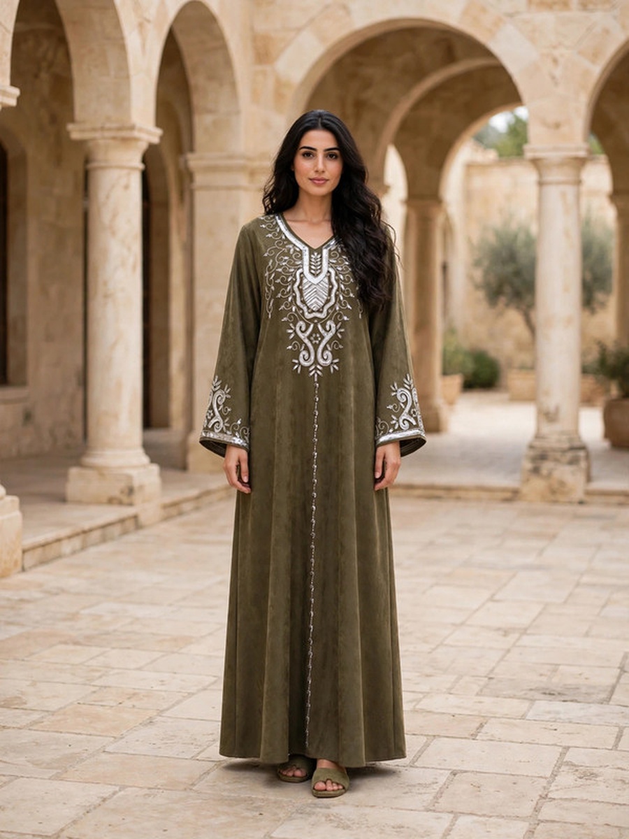 Metallic Sequin and Thread Embroidered Suede Winter Wear Jalabiya
