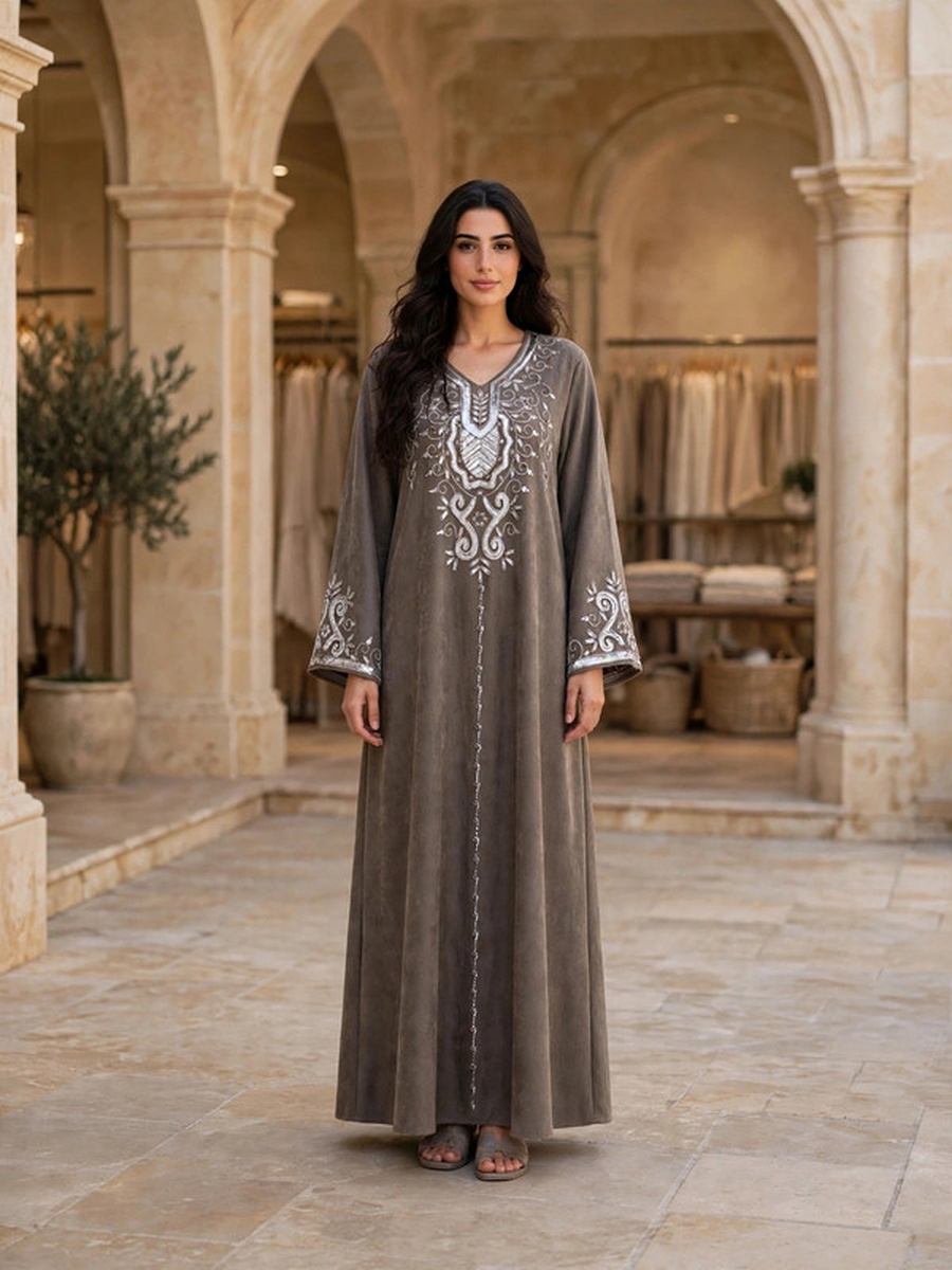 Metallic Sequin and Thread Embroidered Suede Winter Wear Jalabiya