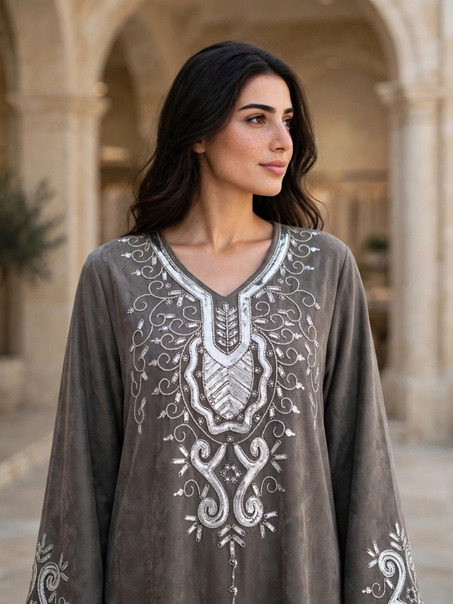 Metallic Sequin and Thread Embroidered Suede Winter Wear Jalabiya