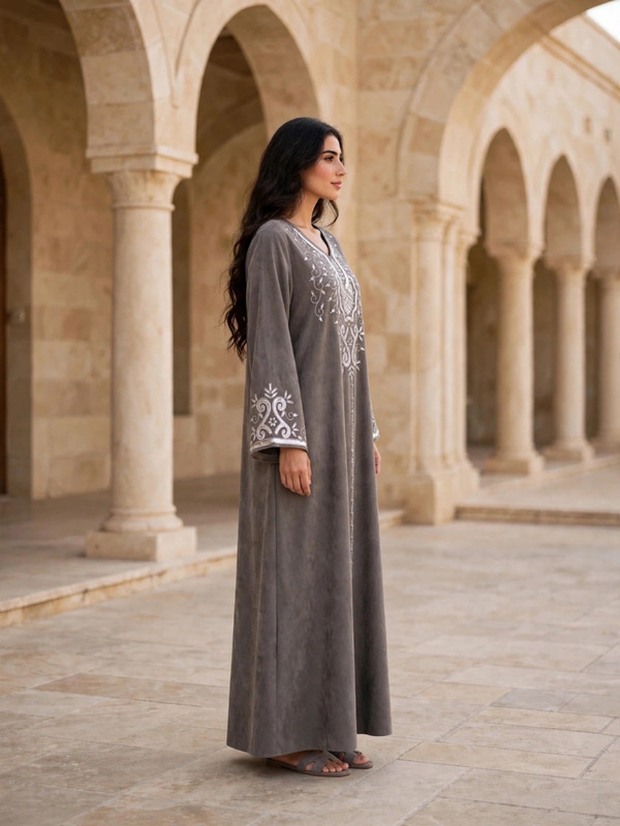 Metallic Sequin and Thread Embroidered Suede Winter Wear Jalabiya