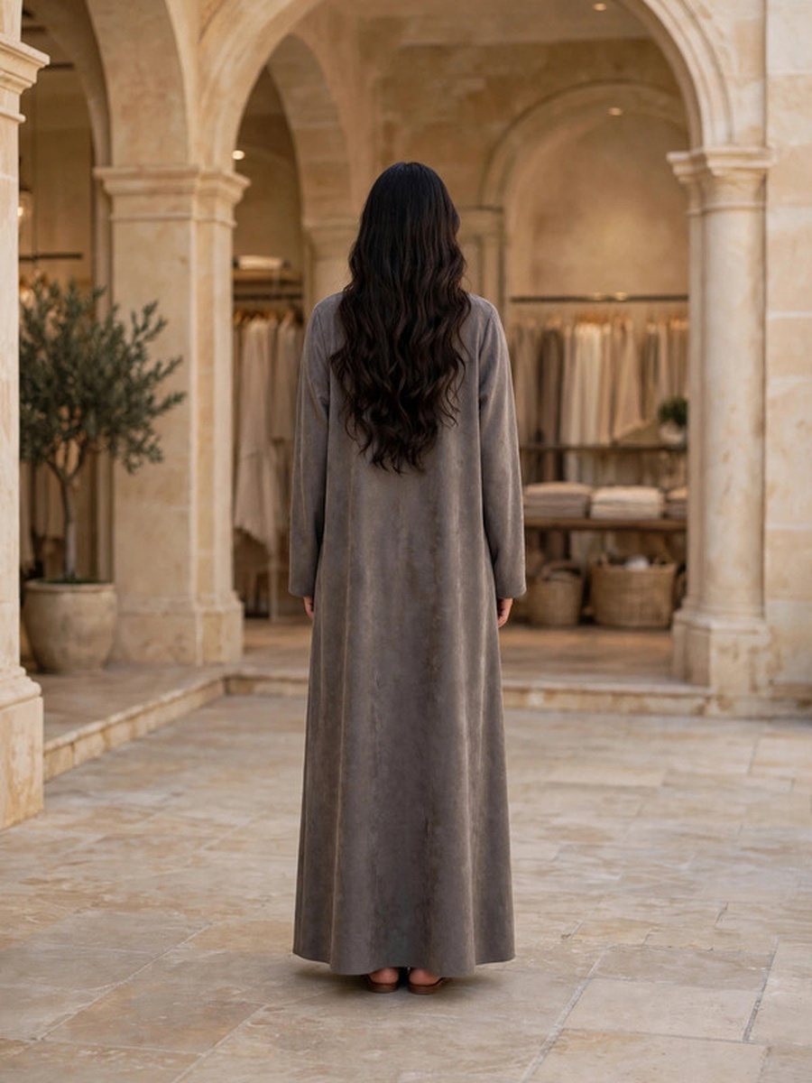 Metallic Sequin and Thread Embroidered Suede Winter Wear Jalabiya