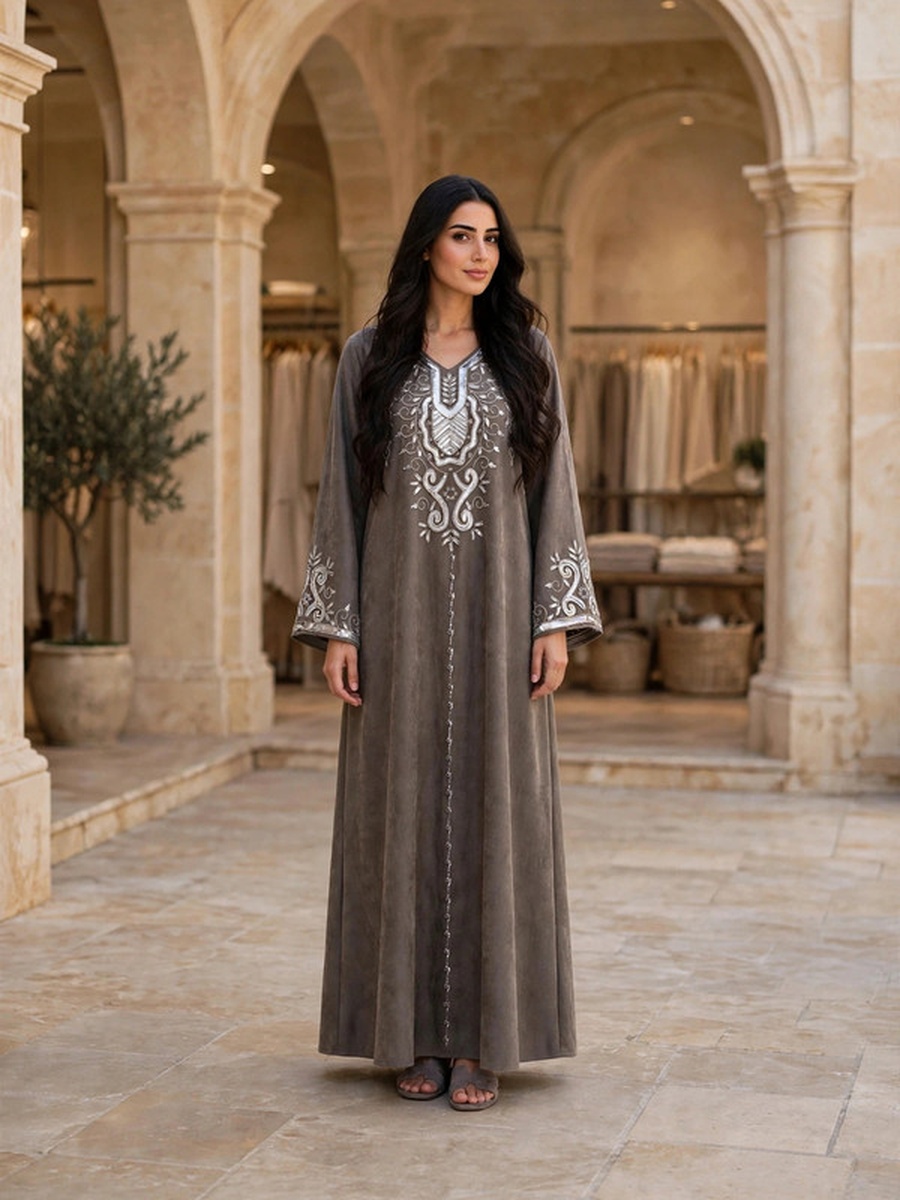 Metallic Sequin and Thread Embroidered Suede Winter Wear Jalabiya