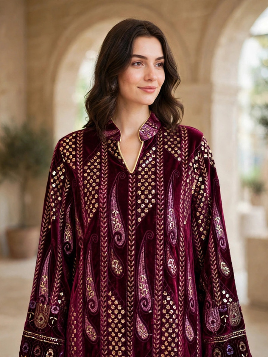 All-Over Paisley Sequin Velvet Winter Wear Jalabiya
