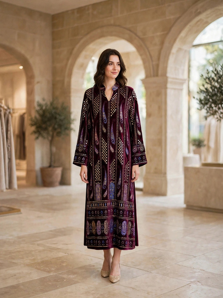 All-Over Paisley Sequin Velvet Winter Wear Jalabiya