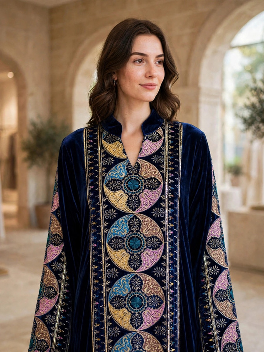 Medallion Embroidered Velvet Winter Wear Jalabiya