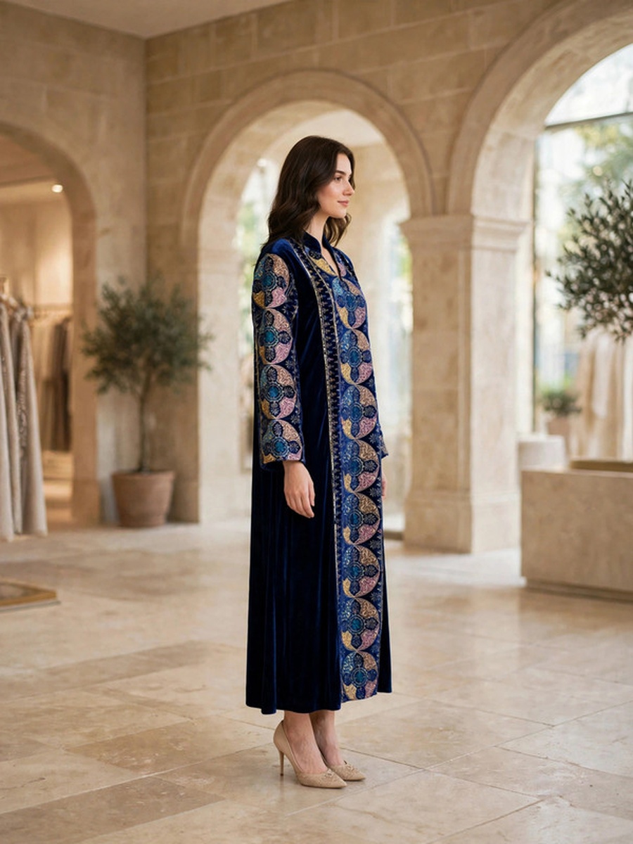 Medallion Embroidered Velvet Winter Wear Jalabiya