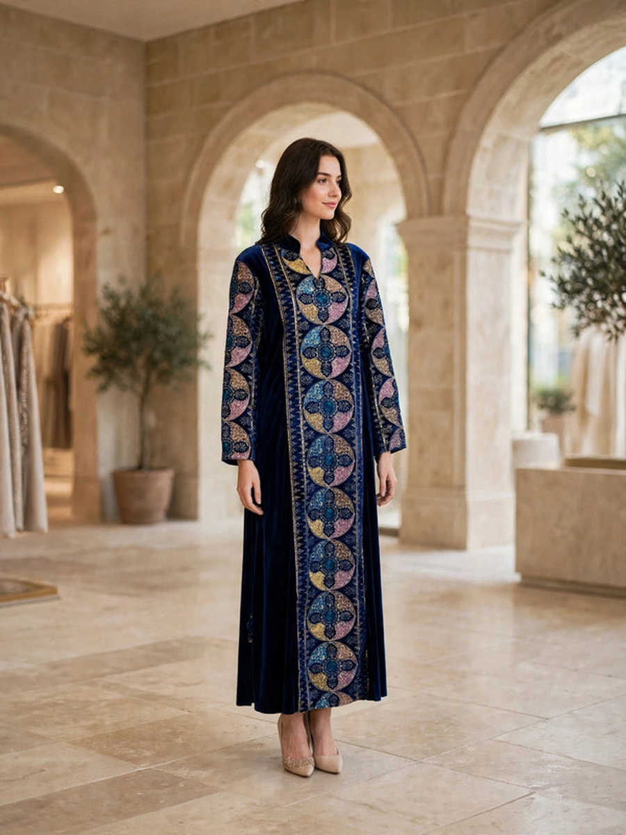 Medallion Embroidered Velvet Winter Wear Jalabiya