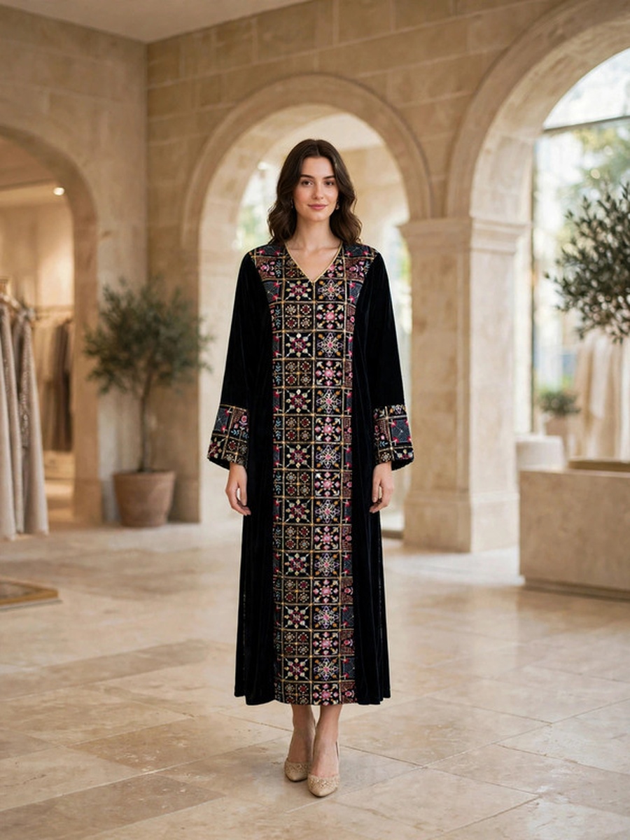 Mosaic Floral Embroidered Velvet Winter Wear Jalabiya