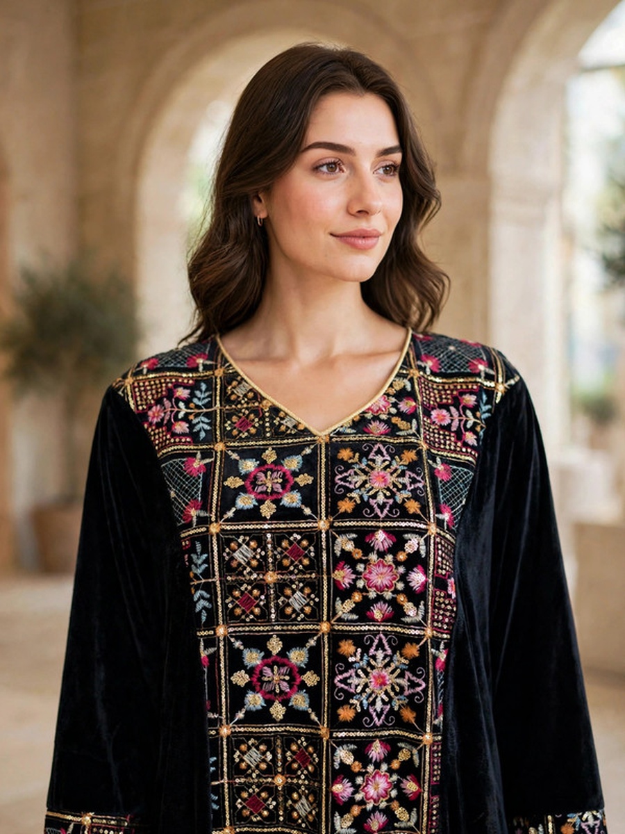 Mosaic Floral Embroidered Velvet Winter Wear Jalabiya