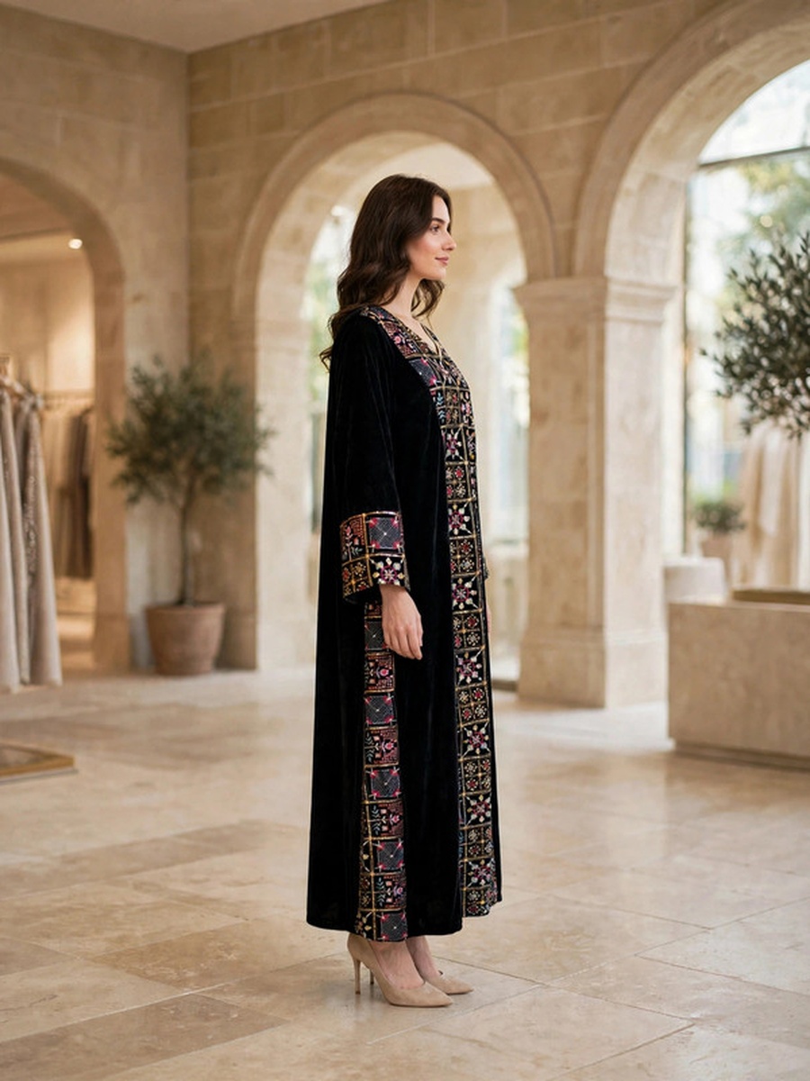 Mosaic Floral Embroidered Velvet Winter Wear Jalabiya