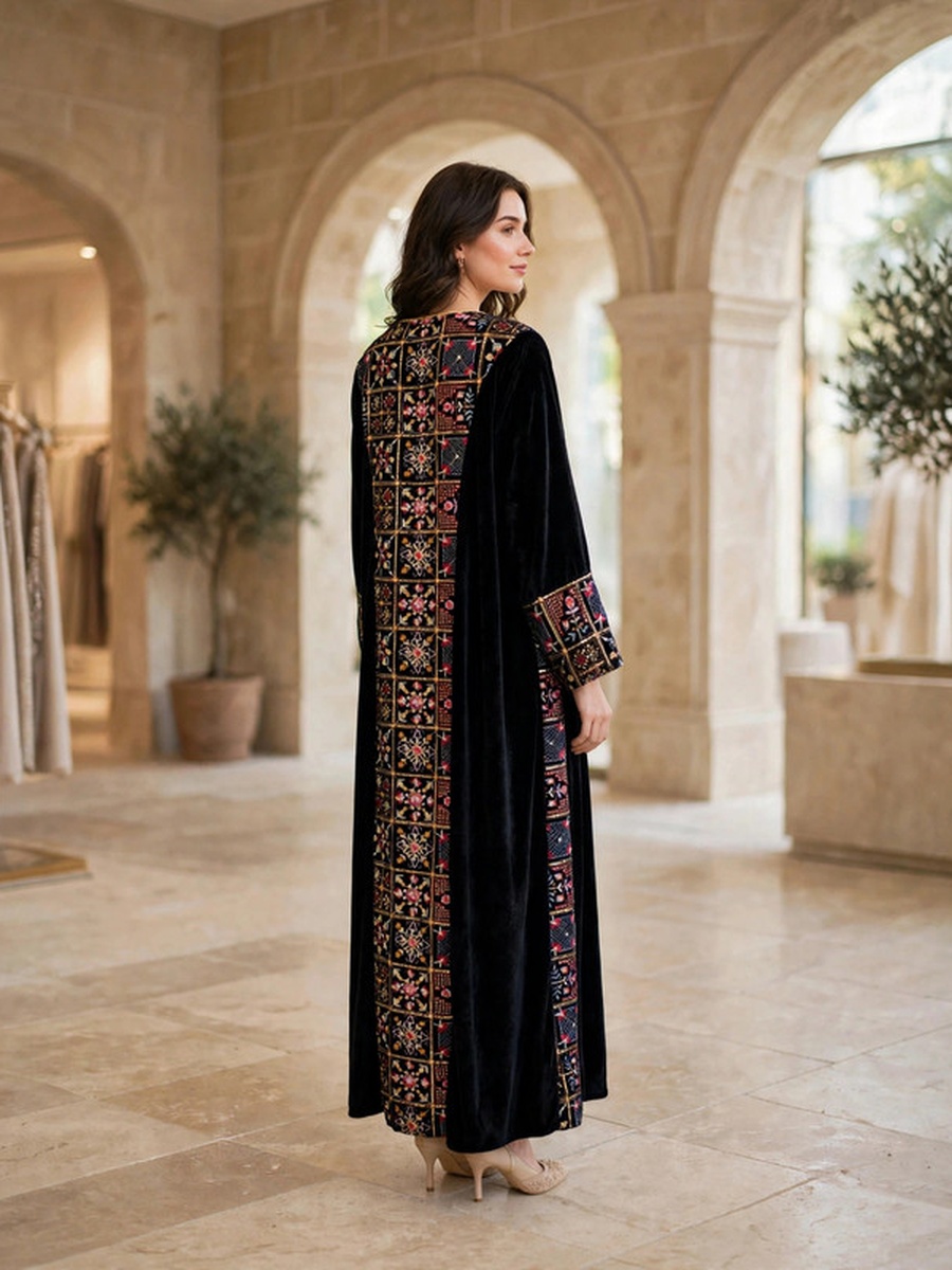 Mosaic Floral Embroidered Velvet Winter Wear Jalabiya