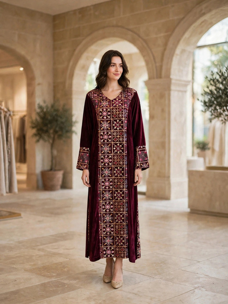 Mosaic Floral Embroidered Velvet Winter Wear Jalabiya