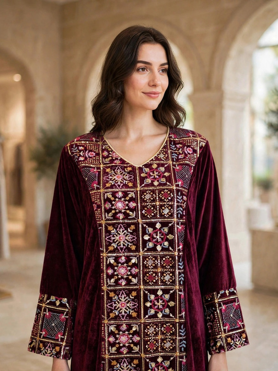 Mosaic Floral Embroidered Velvet Winter Wear Jalabiya