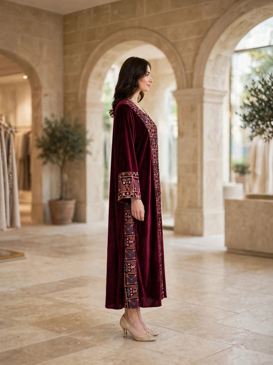 Mosaic Floral Embroidered Velvet Winter Wear Jalabiya