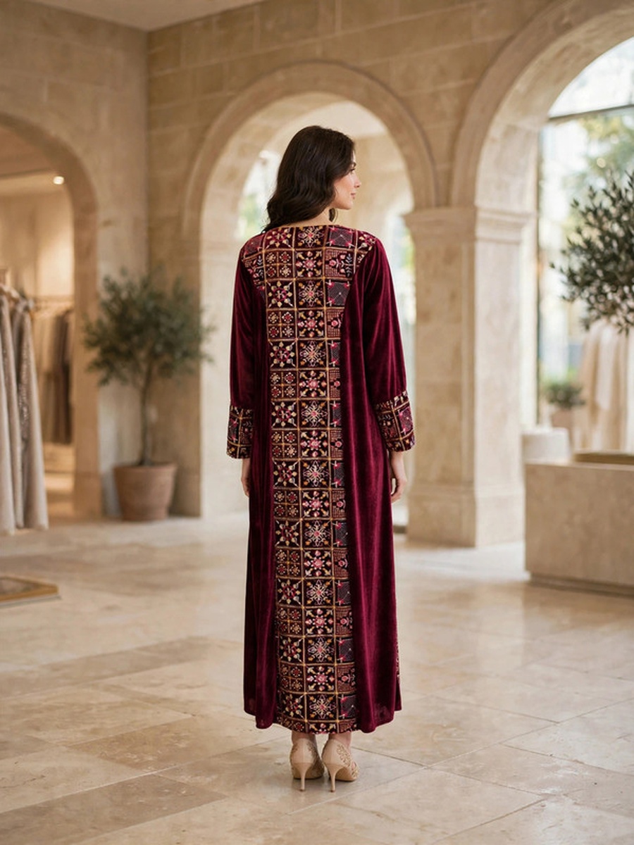 Mosaic Floral Embroidered Velvet Winter Wear Jalabiya