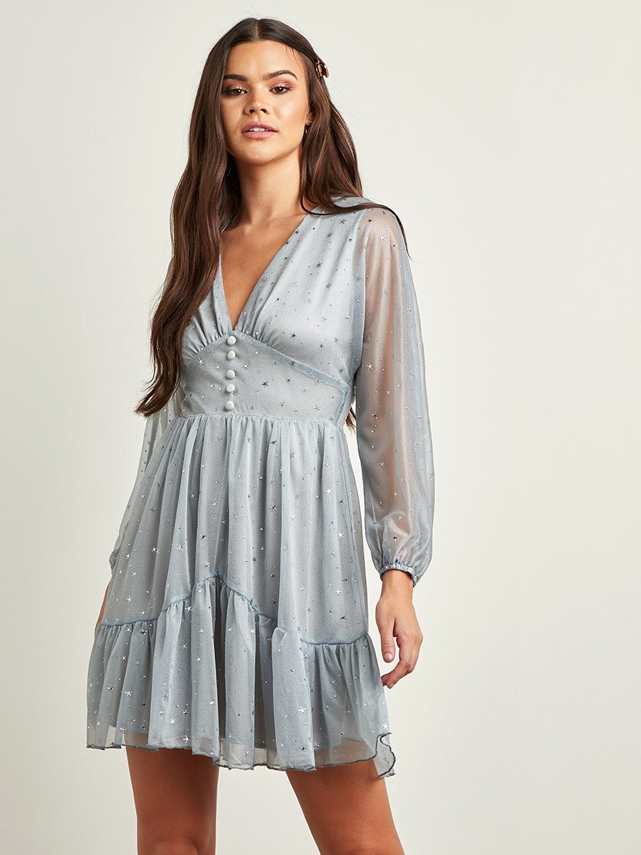 blue cotton gauze dress Sky Ruffle Midi Glinda in BLUE dress Size:5XL [92.5-100kg recommended] short silk dress 3/4 sleeve V